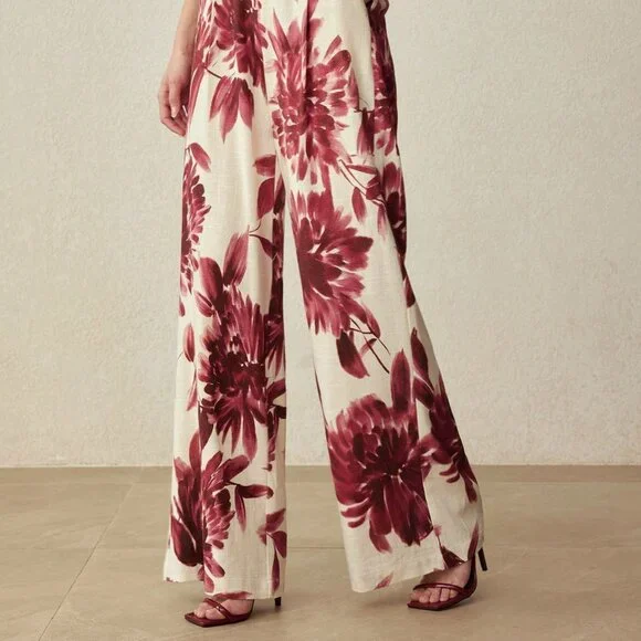 Burgundy Casual Women's Floral Print Straight Leg Wide Pants - Picture 4 of 7